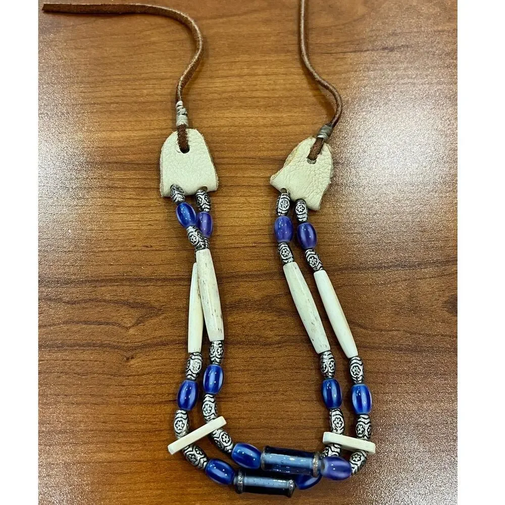 NWOT Vintage Native American Bone 2 Rows Leather Choker - Never Used - Picture 1 of 5